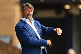 SOUTHEND, ENGLAND - SEPTEMBER 04: Phil Brown, manager of Southend United gives their team instructions  during the Vanarama National League match between Southend United and Wrexham at Roots Hall on September 04, 2021 in Southend, England. (Photo by Jacques Feeney/Getty Images)
