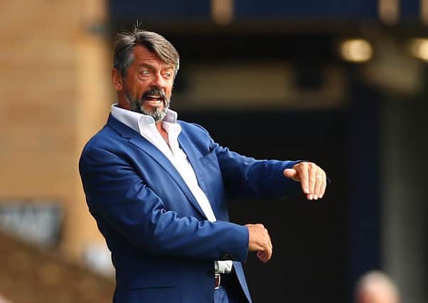 SOUTHEND, ENGLAND - SEPTEMBER 04: Phil Brown, manager of Southend United gives their team instructions  during the Vanarama National League match between Southend United and Wrexham at Roots Hall on September 04, 2021 in Southend, England. (Photo by Jacques Feeney/Getty Images)
