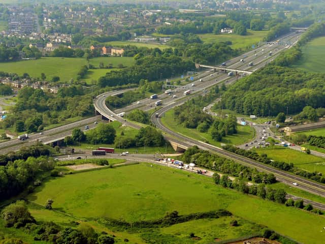 An aerial shot of the M62 junction with the M606 Chain Bar Interchange near Bradford
