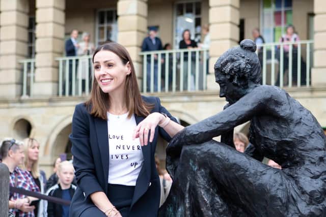 Suranne Jones with the new Anne Lister statue at The Piece Hall