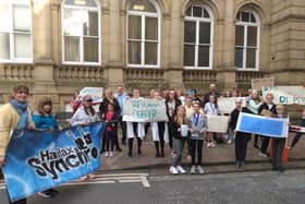 Halifax Synchronised Swimming Club members protesting about the new pool’s dimensions  before September’s meeting of the full Calderdale Council