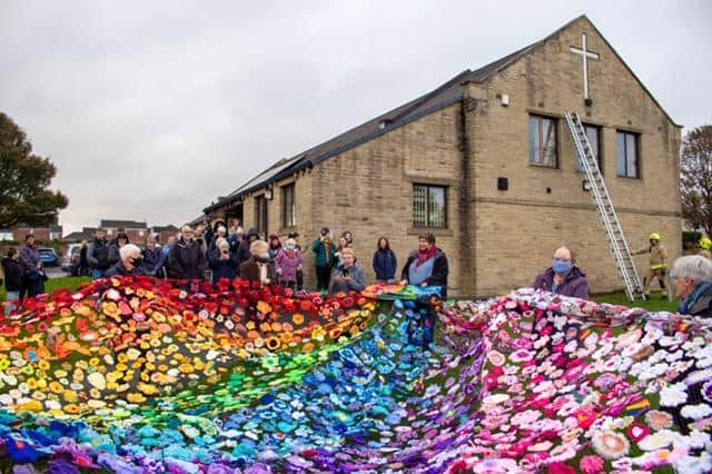The rainbow of flowers at Illingworth Moor Methodist Church. Photo by The Flat Cap Photographer