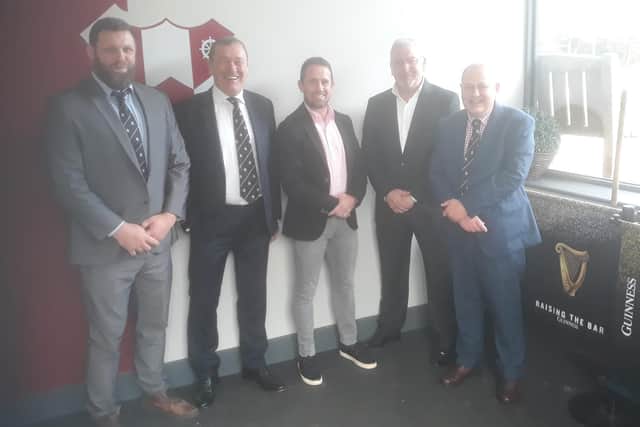 Former Wales and British Lions winger Shane Williams was the guest speaker at a lunch held at Old Rishworthians rugby club at Copley. He is pictured (centre) with, from the left, club coach Richard Brown, committee member Richard Porter, MC John Gillan and club president Tim Thornton.