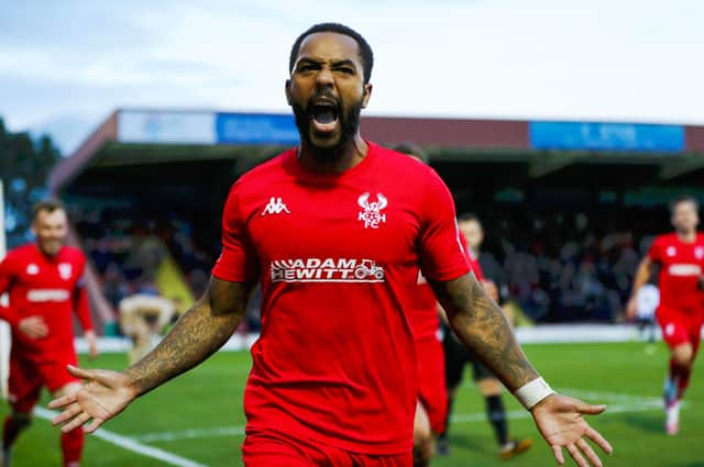 KIDDERMINSTER, ENGLAND - NOVEMBER 06: Ashley Hemmings of Kidderminster Harriers celebrates scoring the opening goal during the Emirates FA Cup First Round match between Kidderminster Harriers and Grimsby Town at Aggborough Stadium on November 06, 2021 in Kidderminster, England. (Photo by Cameron Smith/Getty Images)