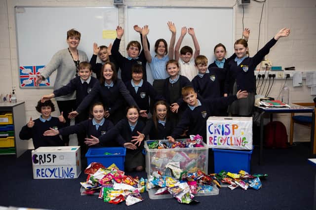 Year 6 pupils from Lee Mount Primary School who have been collecting crisp packets to be recycled.
