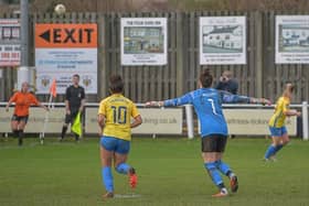 Brighouse Town Women goalkeeper Imogen Maguire goes on the attack in the closing stages of the FA Cup defeat to Sunderland. Pic: Ray Spencer.