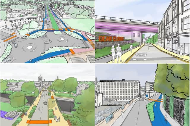 Illustrations showing proposals at: Nursery Lane roundabout - north Halifax, Gibbet Street – west Halifax and Corporation Street – north Halifax