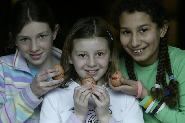 At the Shibden Hall Easter egg rolling in 2005 were, from the left, Emily Aspinall 12, Harriet Aspinall 10 and Sarah Jaffier 10.