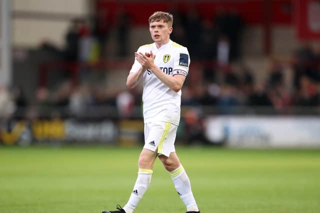 FLEETWOOD, ENGLAND - JULY 30: Jack Jenkins of Leeds United applauds the fans after the Pre-Season Friendly match between Fleetwood Town and Leeds United at Highbury Stadium on July 30, 2021 in Fleetwood, England. (Photo by Lewis Storey/Getty Images)
