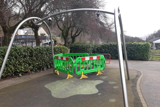 Swings are missing and the surface needs repairing at Calder Holmes Park in Hebden Bridge