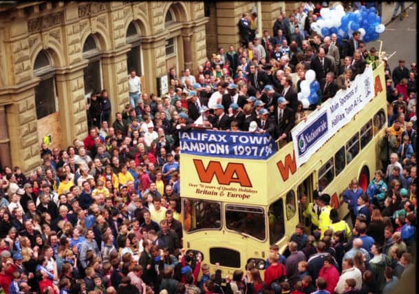 Open top bus celebration at the Halifax Town Hall for Halifax Town after winning the Football conference title and promotion back to the football league