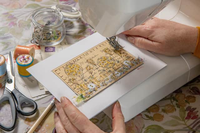 Anne produces vintage stitched postcards, vintage fabric embroidery and collage gardens as well as teaching workshops
