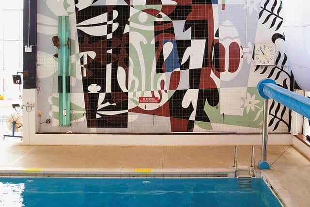 The mosaic by Kenneth Barden at the old Halifax Swimming Pool. Picture by Andrew Caveney courtesy of the Pevsner Architectural Guides/Yale University Press