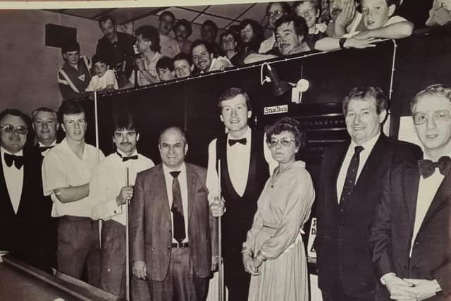 Steve Davis visits Halifax Snooker Club. Pictured here with owners Antonis and Jackie