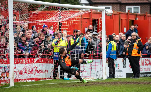 The moment FC Halifax Town reached Wembley when Altrincham missed their last penalty in the shoot-out in Saturday's FA Trophy semi-final. Photo: Jonathan Moore