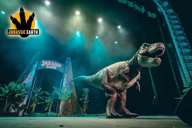 Dinosaur Zeus on stage for Jurassic Earth show. 