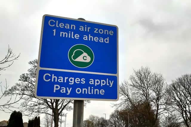 A road sign on the A6036 between Shelf and Odsal warning drivers they are approaching Bradford's Clean Air Zone