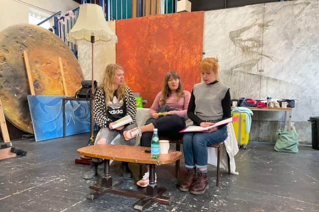 Stacey Sampson, Claire O'Connor and Victoria Brazier rehearse WNGB. Credit: Red Ladder Theatre Company