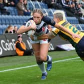 Caitlin Beevers scores England's first try in their Women's Rugby League World Cup win over Brazil. Picture: Alex Livesey/Getty Images for RLWC