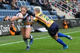 Caitlin Beevers scores England's first try in their Women's Rugby League World Cup win over Brazil. Picture: Alex Livesey/Getty Images for RLWC