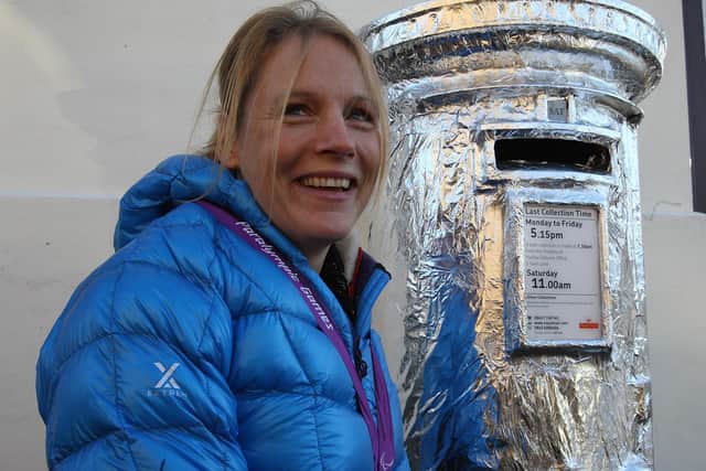 Karen Darke at a silver postbox in Mytholmroyd after success at the London 2012 Paralympics. Photo: Charles Round