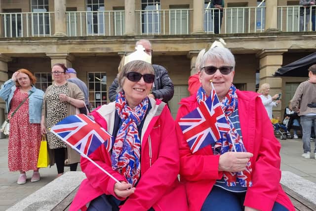 June Johnson, left, with her friend Sue Tagg, enjoying the Coronation event at the Piece Hall.