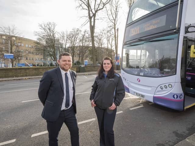 Operations manager Craig Turner with driver Katharina Vanderstock with the 501 service connecting Calderdale Royal Hospital and Huddersfield Royal Infirmary. The new service will be launched on Sunday, February 18