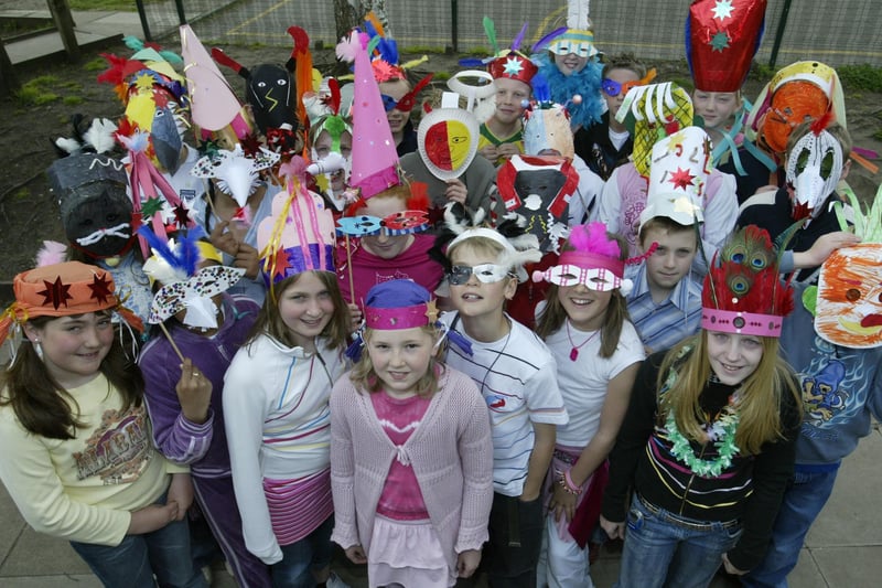Children at Woodhouse School, Rastrick, in their masks for art week back in May 2005