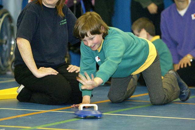 Primary Disablity Sports Festival at Brooksbank School, Elland in 2005. Highbury School pupil Kate Grant, 10, playing new age curling.