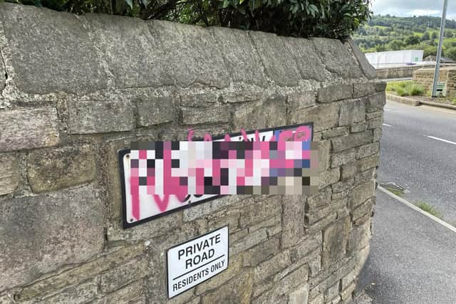 The culprits attacked buildings and signs across Mytholmroyd and Hebden Bridge with pink obscenities
