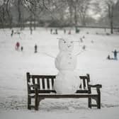 A snowman takes in the wintry view from a bench in Shibden Hall Park