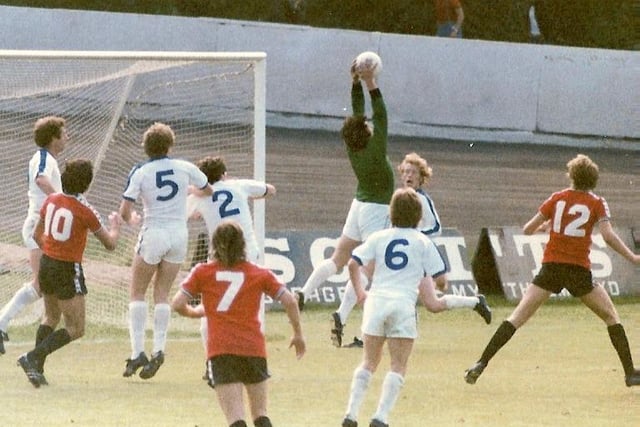 Emergency keeper from a local league - Johnny Hough - catches safely for Town against Hereford, September 15, 1979
