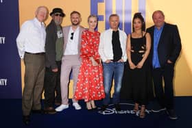 Full Monty 2 cast members Steve Huison, Paul Barber, Wim Snape, Lesley Sharp, Robert Carlyle, Talitha Wing and Mark Addy attend the UK series premiere of(Photo by Cameron Smith/Getty Images)