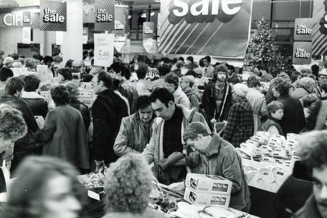 A sale at Debenhams department store on The Moor, Sheffield, in December 1983. The store had opened in 1965 as Pauldens and was rebranded as Debenhams in 1973
