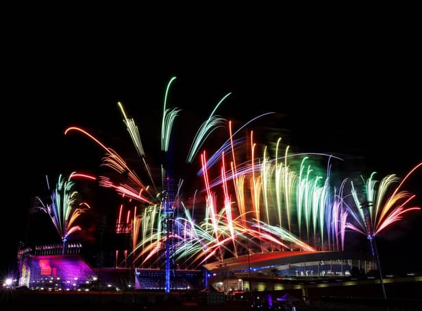 A general view of fireworks during the Birmingham 2022 Commonwealth Games Closing Ceremony. (Photo by Stephen Pond/Getty Images)