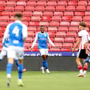 Adan George of Birmingham City celebrates after scoring their side's first goal during the Premier Development League Play Off Final match between Sheffield United U23 and Birmingham City U23 at Bramall Lane on May 24, 2021