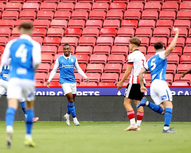 Adan George of Birmingham City celebrates after scoring their side's first goal during the Premier Development League Play Off Final match between Sheffield United U23 and Birmingham City U23 at Bramall Lane on May 24, 2021