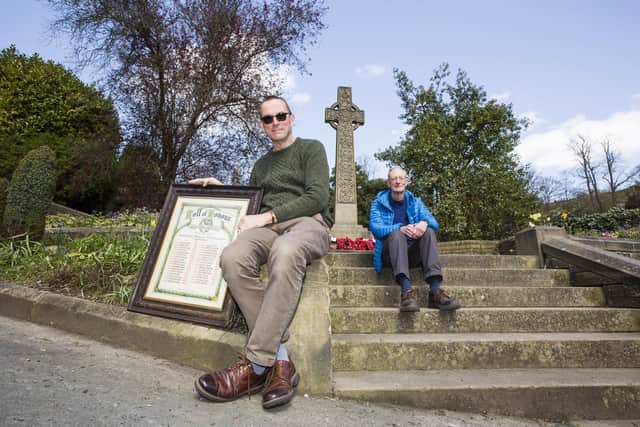 Phil Radford, left, from the Luddenden Mayor's Fund, and Tony Hillyard, founder of the Luddenden WW1 Commemoration Project, at Luddenden memorial.