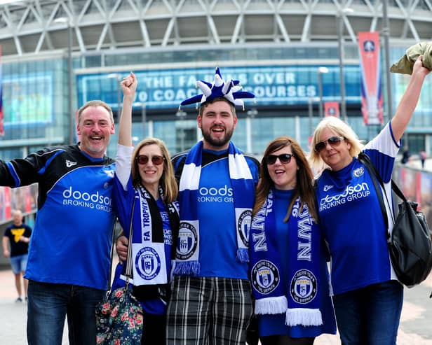 The FA Trophy Final.
FC Halifax v Grimsby Town.
Halifax fans on Wembley Way.
22nd May 2016.
Picture : Jonathan Gawthorpe