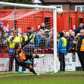 Sam Johnson during last Saturday's FA Trophy semi-final penalty shoot-out. Photo: Jonathan Moore