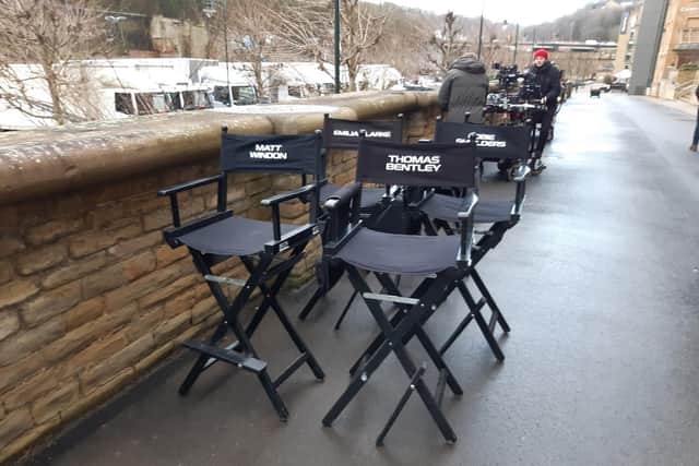 Chairs ready for Marvel's Secret Invasion filming at Dean Clough, Halifax.