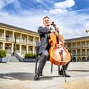 Cellist Ben Crick and trumpet player Anthony Thompson of the Yorkshire Symphony Orchestra  at The Piece Hall in Halifax