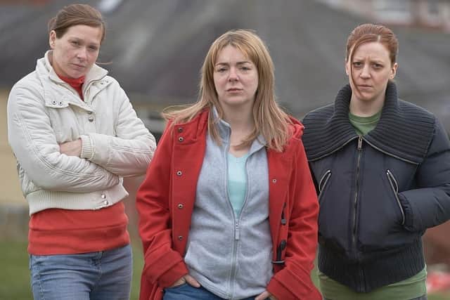 San Brooke as Natalie Brown, Sheridan Smith as Julie Bushby, and Gemma Whelan as Karen Matthews, the three women at the centre of BBC drama The Moorside