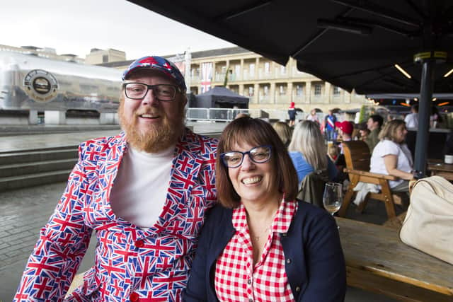 Douglas Jarvis and Sue Barraclough enjoying the Coronation celebrations at the Piece Hall