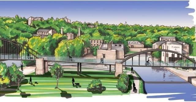 An artist's impression of how the Navigation and Calder Bridge, spanning two waterways, might look