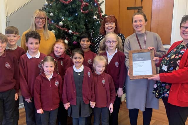 Coun Sarah Courtney, Calderdale Council’s Cabinet Member for Towns, Engagement and Public Health, presents the Silver Healthy Schools award to Headteacher, Alice Leadbitter at Todmorden C of E Junior, Infant and Nursery School.