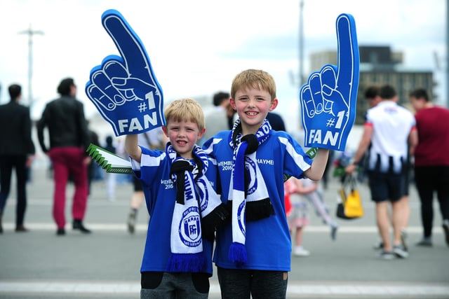 The FA Trophy Final.
FC Halifax v Grimsby Town.
Halifax fans on Wembley Way. Charlie and Luke Walker.
22nd May 2016.
Picture : Jonathan Gawthorpe

