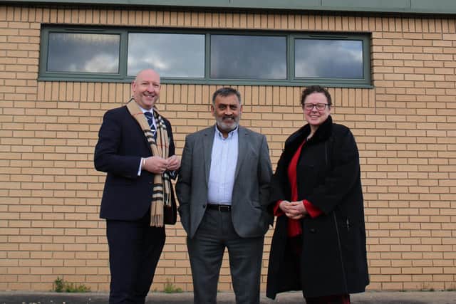 Kirkdale House, which is the site of the new Industry 4.0 Skills Hub in Brighouse. Left to right: Cllr Howard Blagbrough, Co-Chair of the Brighouse Town Deal Board; Ebrahim Dockrat, Director of Commercial Services & Partnerships at Calderdale College; and Cllr Sarah Courtney, Calderdale Council’s Cabinet Member for Towns, Engagement and Public Health.