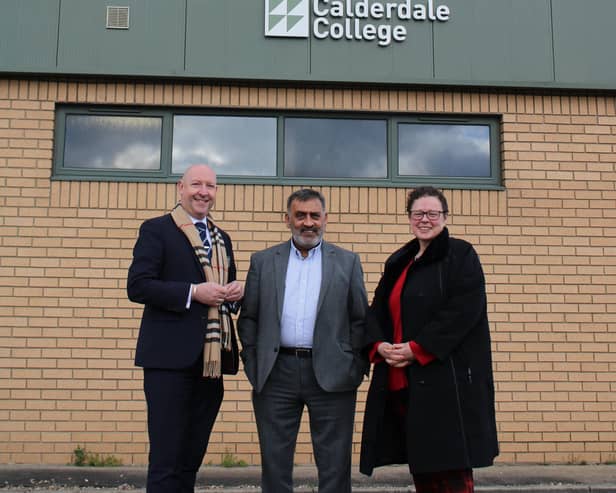 Kirkdale House, which is the site of the new Industry 4.0 Skills Hub in Brighouse. Left to right: Cllr Howard Blagbrough, Co-Chair of the Brighouse Town Deal Board; Ebrahim Dockrat, Director of Commercial Services & Partnerships at Calderdale College; and Cllr Sarah Courtney, Calderdale Council’s Cabinet Member for Towns, Engagement and Public Health.