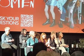 Sally Wainwright with Riot Women executive producer Roanna Benn and actors Rosalie Craig, Lorraine Ashbourne, Tamsin Greig and Amelia Bullmore at the premiere of the hit show in Hebden Bridge in October